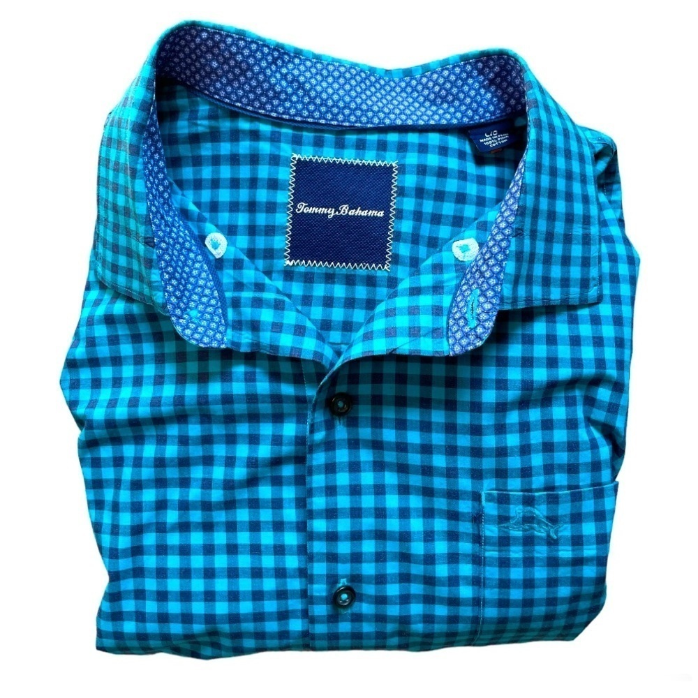 Tommy Bahama Blue Gingham Plaid Button Down | L